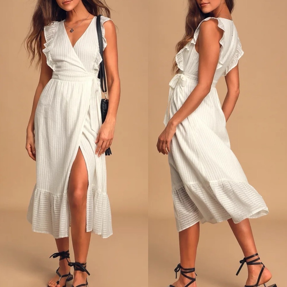 Lulus Something to See White Striped Ruffled Wrap Midi Dress XS
